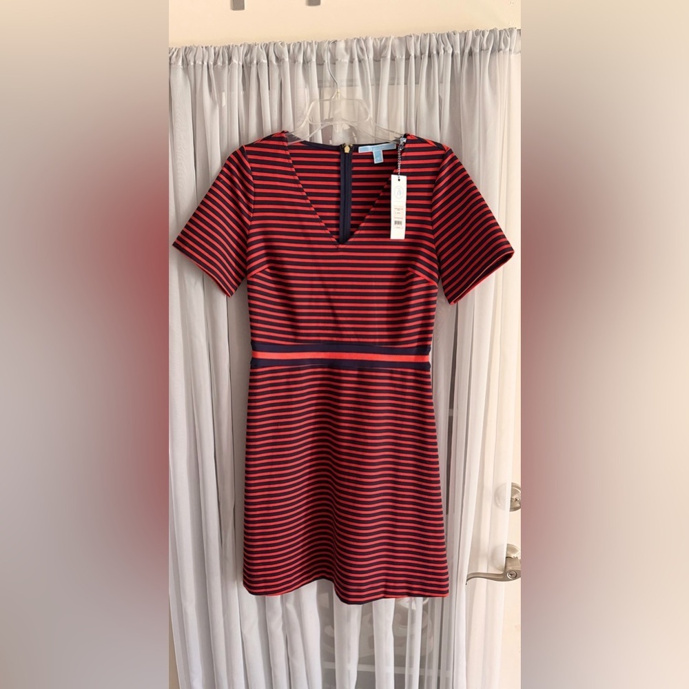Draper James Navy and Red Striped Ponte A-line Mini Dress